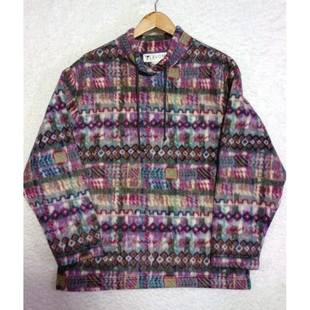 VINTAGE Lavon Sport Geometric Fleece Pullover Colorful Women's Size M